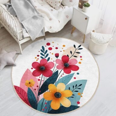 Renkli Çiçek Desenli Modern Yuvarlak Çocuk Odası Halısı