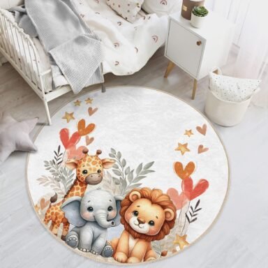 Sevimli Orman Hayvanları Kalpli Desenli Pastel Yuvarlak Bebek Odası Halısı