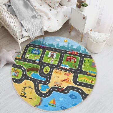Renkli Şehir Yolları ve Araçlar Temalı Yuvarlak Çocuk Odası Halısı