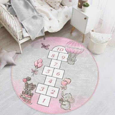 Pembe Seksekli Fil Desenli Pastel Tema Kız Yuvarlak Çocuk Odası Halısı