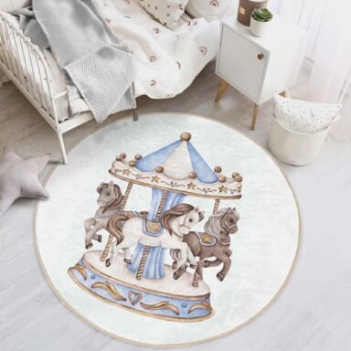 Atlı Karınca Desenli Pastel Masal Temalı Yuvarlak Bebek Odası Halısı