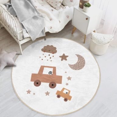 Araba ve Bulut Desenli Pastel Tonlarda Yuvarlak Çocuk Odası Halısı