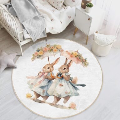 Şemsiyeli Çiçekli Tavşan Desenli Pastel Kız Yuvarlak Bebek Odası Halısı