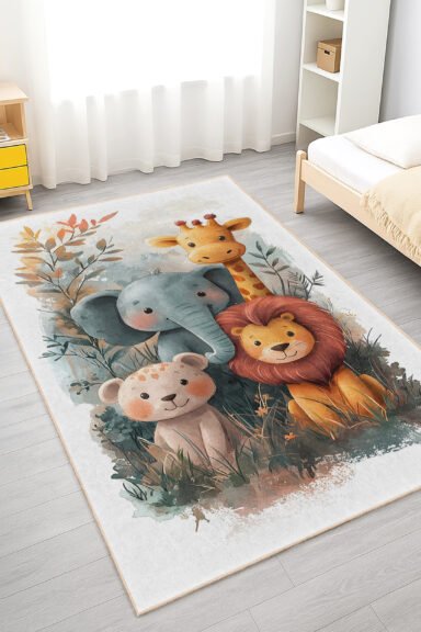 Sevimli Safari Hayvanları Desenli Pastel Tonlarda Çocuk Odası Halısı