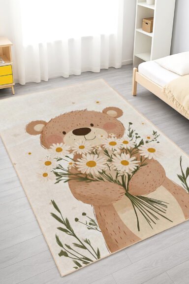 Papatyalı Sevimli Ayı Desenli Pastel Bej Bebek Odası Halısı