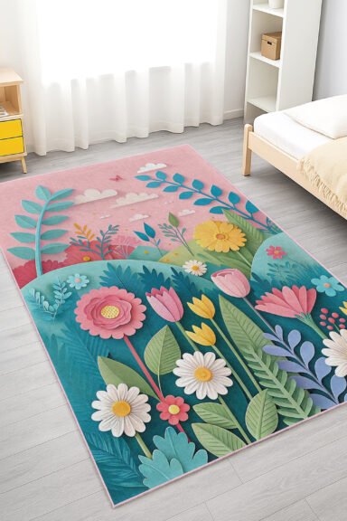 Renkli Çiçekli Masal Bahçesi Tema Pembe Çocuk Odası Halısı