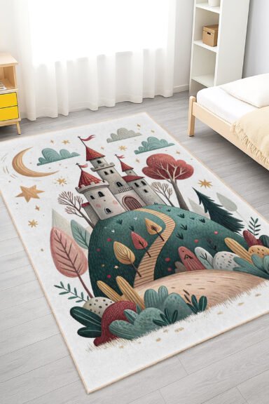 Masal Şatosu ve Orman Desenli Pastel Renkli Çocuk Odası Halısı