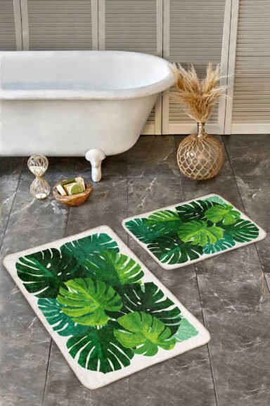 Tropik Monstera Yaprak Desenli Yeşil Tonlu 2’li Banyo Paspas Takımı