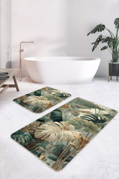 Tropik Yaprak Desenli Yeşil Bej Tonlu 2’li Banyo Paspas Takımı
