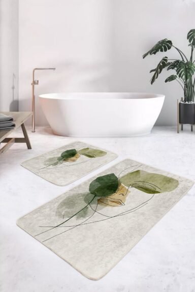 Soyut Kadın Yüzü Ve Yaprak Desenli Bej Yeşil Modern 2’li Banyo Paspas Takımı