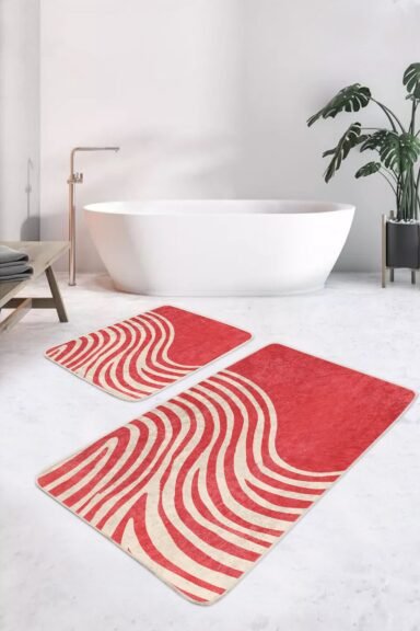 Kırmızı Krem Dalgalı Çizgi Desenli 2’li Banyo Paspas Takımı
