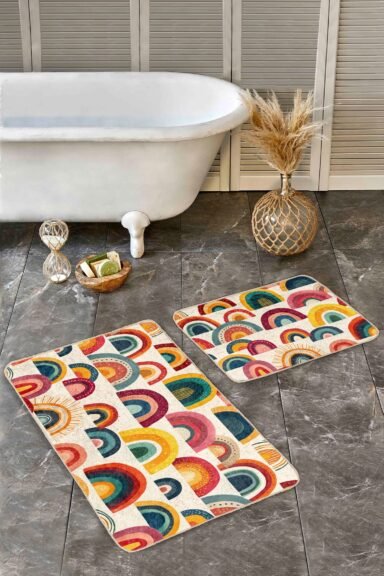 Renkli Gökkuşağı Desenli Modern 2’li Banyo Paspas Takımı