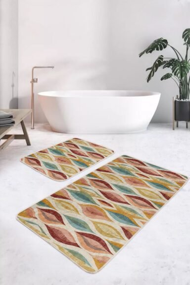 Renkli Yaprak Desenli Modern 2’li Banyo Paspas Takımı