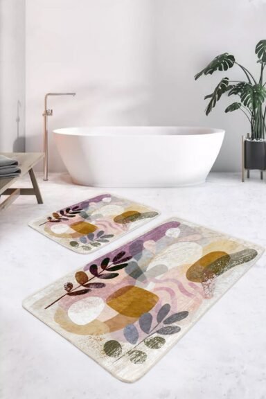 Soyut Yaprak Ve Geometrik Şekiller Desenli Pastel 2’li Banyo Paspas Takımı
