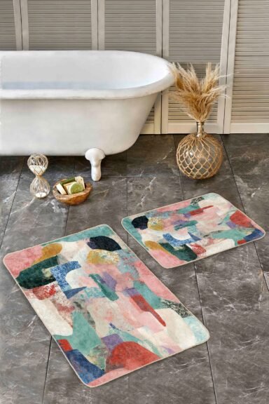 Renkli Soyut Geometrik Desenli 2’li Banyo Paspas Takımı