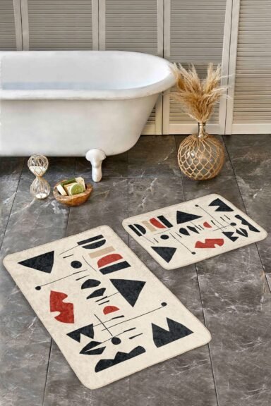 Geometrik Şekiller Ve Soyut Yüz Desenli Modern 2’li Banyo Paspas Takımı