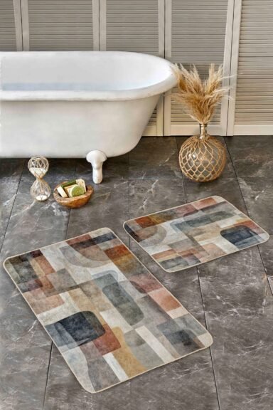 Geometrik Kare ve Yarım Daire Desenli Vizon Gri Taba Tonlu 2’li Banyo Paspas Takımı