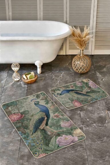 Çiçekli Yapraklı Tavus Kuşu Desenli Vintage 2’li Banyo Paspas Takımı