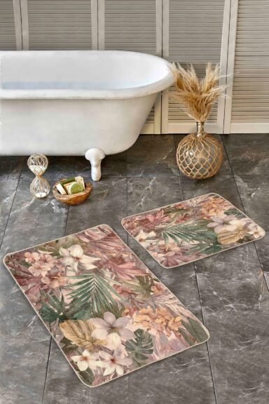 Tropik Yapraklar Ve Pastel Çiçekler Desenli 2’li Banyo Paspas Takımı