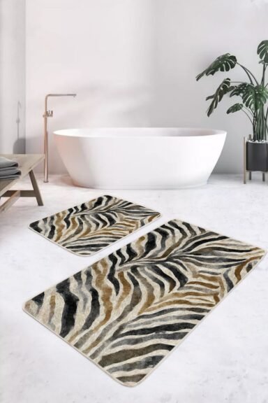 Zebra Desenli Bej Siyah Çizgili Modern 2’li Banyo Paspas Takımı