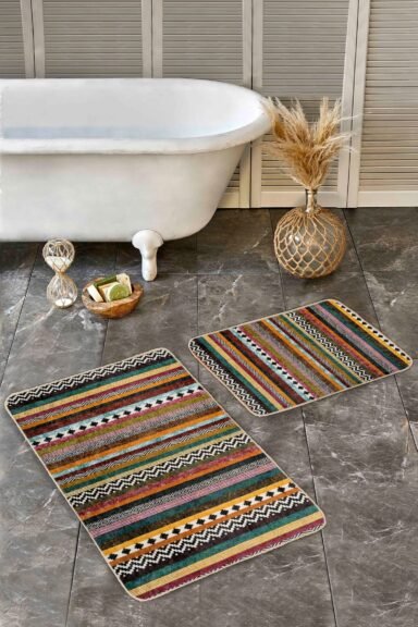 Çok Renkli Etnik Çizgili Geometrik Desenli 2’li Banyo Paspas Takımı