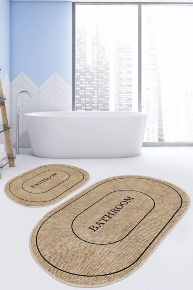 Bej Hasır Görünümlü Bathroom Yazılı Oval Çerçeve Desenli 2’li Banyo Paspas Takımı