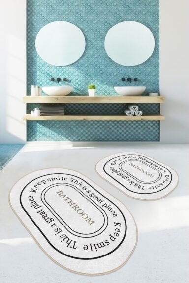 Keep Smile Yazılı Oval Çerçeve Desenli Krem Zemin 2’li Banyo Paspas Takımı