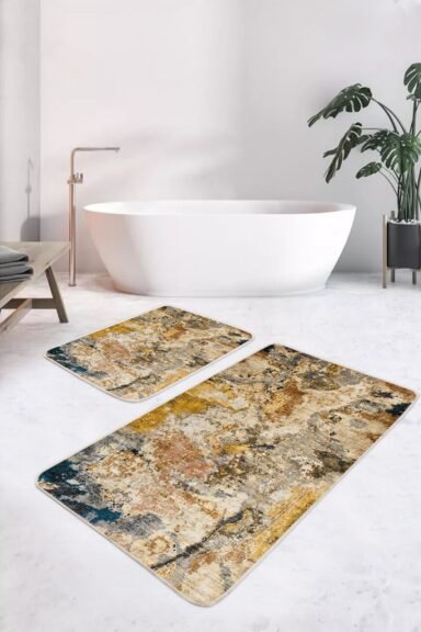 Mermer Dokulu Bej Lacivert Hardal Soyut Desenli 2’li Banyo Paspas Takımı