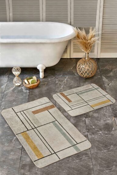 Geometrik Çizgili Ve Blok Renk Desenli Modern 2’li Banyo Paspas Takımı