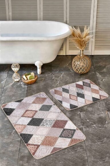 Geometrik Patchwork Kare Desenli Bej Kahverengi Siyah 2’li Banyo Paspas Takımı