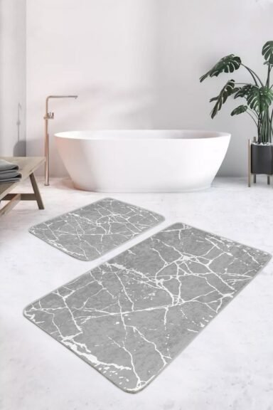 Gri Mermer Damar Desenli 2’li Banyo Paspas Takımı