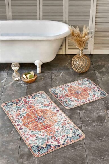 Turuncu Madalyon Motifli Vintage Desenli 2’li Banyo Paspas Takımı