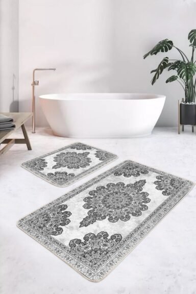 Siyah Beyaz Osmanlı Madalyon Motifli Desenli 2’li Banyo Paspas Takımı