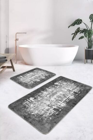 Gri Siyah Eskitme Dokulu Soyut Desenli 2’li Banyo Paspas Takımı