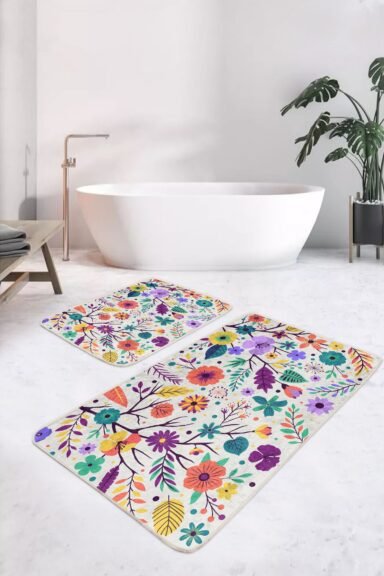 Renkli Çiçek ve Yaprak Desenli Modern 2’li Banyo Paspas Takımı