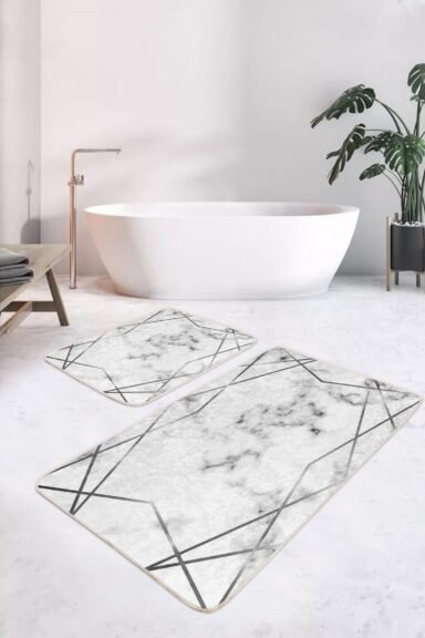 Beyaz Mermer Görünümlü Siyah Geometrik Çizgi Desenli 2’li Banyo Paspas Takımı