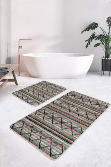 Renkli Çizgili Geometrik Baklava Desenli 2’li Banyo Paspas Takımı
