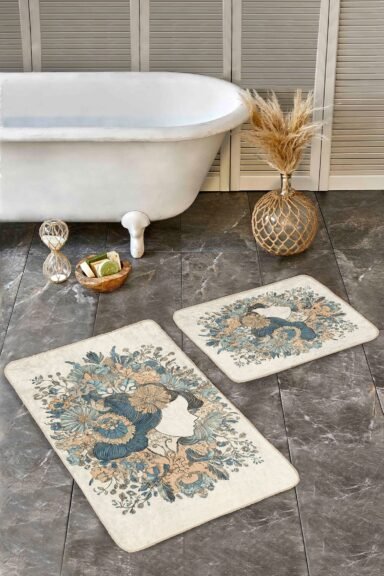 Mavi Ve Bej Çiçek Buketi Desenli 2’li Banyo Paspas Takımı