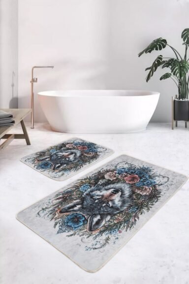 Çiçek Taçlı Kurt Desenli 2’li Banyo Paspas Takımı