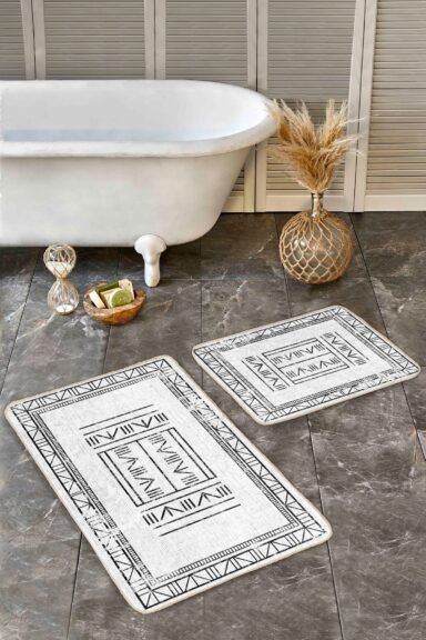 Siyah Çizgili Geometrik Etnik Desenli Gri Zemin 2’li Banyo Paspas Takımı