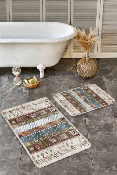 Etnik Patchwork Kare Desenli Bej Zemin 2’li Banyo Paspas Takımı