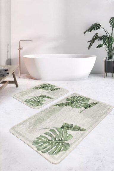 Yeşil Tropikal Yaprak Desenli Modern 2’li Banyo Paspas Takımı