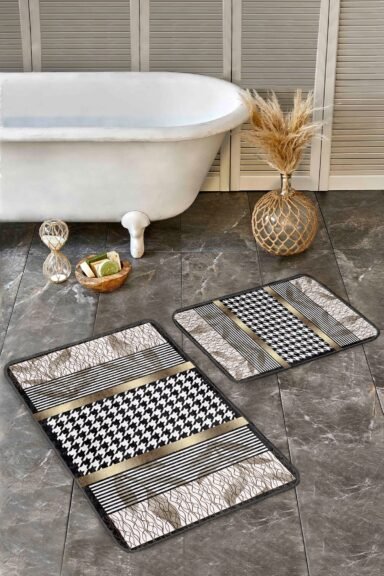 Siyah Beyaz Kazayağı ve Çizgili Şerit Desenli Gold Detaylı 2’li Banyo Paspas Takımı