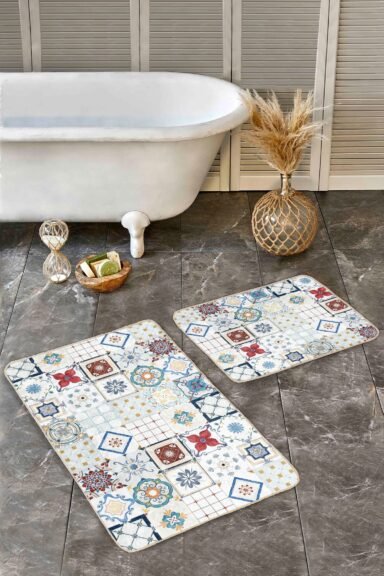 Geometrik Çini Ve Çiçek Motif Desenli Çok Renkli 2’li Banyo Paspas Takımı