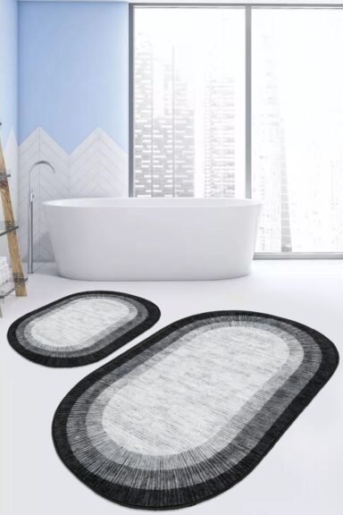 Gri Siyah Oval Halkalı Desenli 2’li Banyo Paspas Takımı
