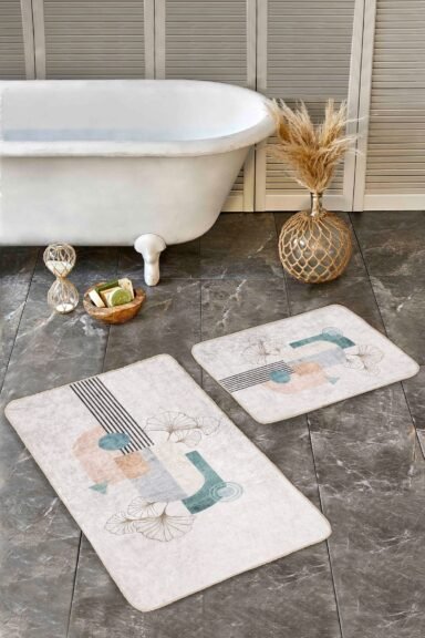 Soyut Geometrik Şekiller Ve Çizgili Desenli Bej Zemin 2’li Banyo Paspas Takımı