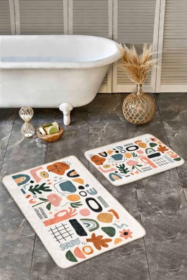 Renkli Soyut Yaprak ve Geometrik Şekiller Desenli Modern 2’li Banyo Paspas Takımı