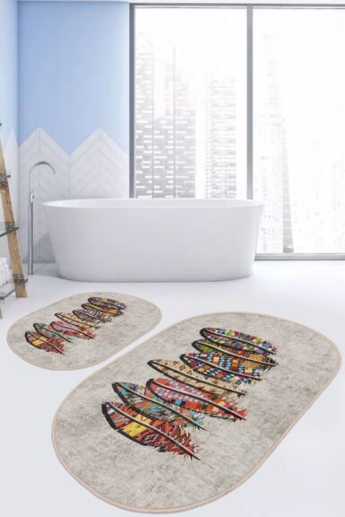 Renkli Etnik Desenli Tüy Motifli Gri Zemin 2’li Banyo Paspas Takımı
