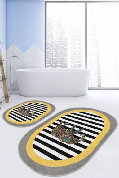 Siyah Beyaz Çizgili Zemin Üzerinde Renkli Fil Desenli 2’li Banyo Paspas Takımı