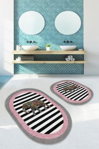Renkli Kedi Figürlü Siyah Beyaz Çizgili Oval Desenli 2’li Banyo Paspas Takımı